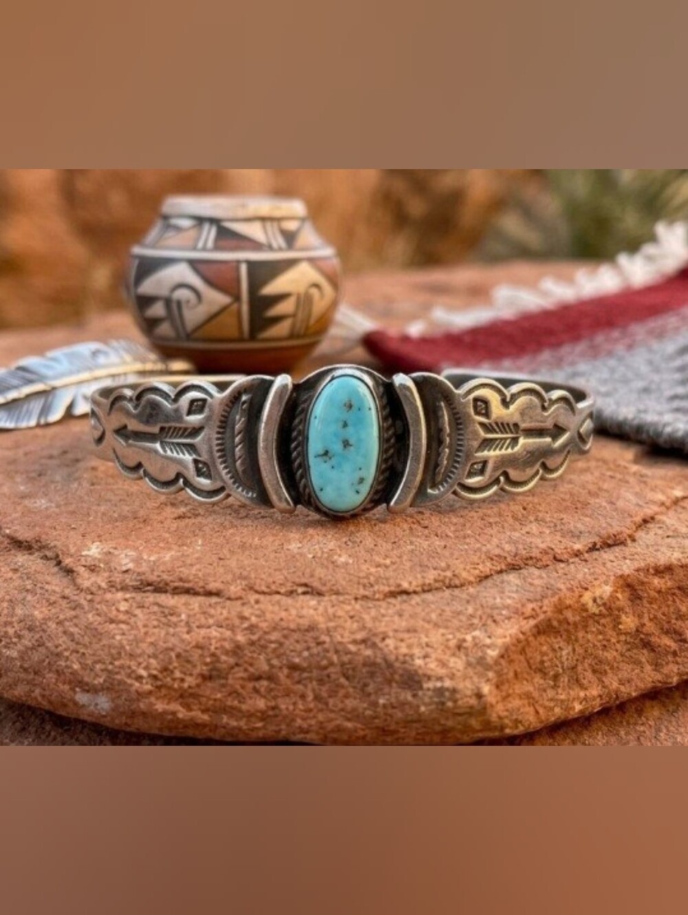 Vintage Native American Silver Cuff Bracelet W / Oval Blue Turquoise, Bezel Set